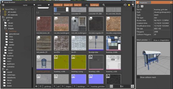 Asset Browser window on the left, and Inspector on the right showing the information of a selected item